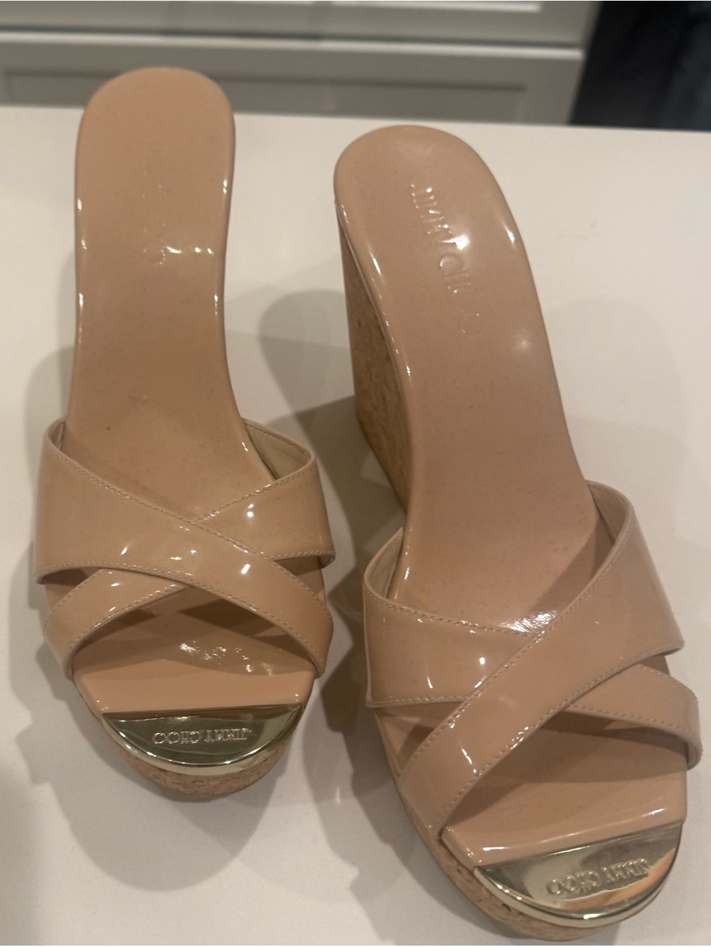 Jimmy Choo Pandora Opat powder pink Patent Leather Platform Sandals cork wedge 9